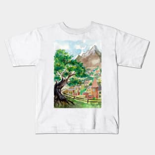 Mountain Village and old Tree Kids T-Shirt